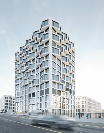 Baunetz, Meldung, Architektur, Architecture, Mnchen, Hirschgarten, Deutschland, Germany, Munich, Brigida Gonzalez, Allmann Sattler Wappner, Friends, sharing, Wohnhochhaus, Erker, Fassade, Raster, wei, white, residential, high rise, living, kitchen lounge, Dachterrasse, Friedenheimer Brcke, Birketweg