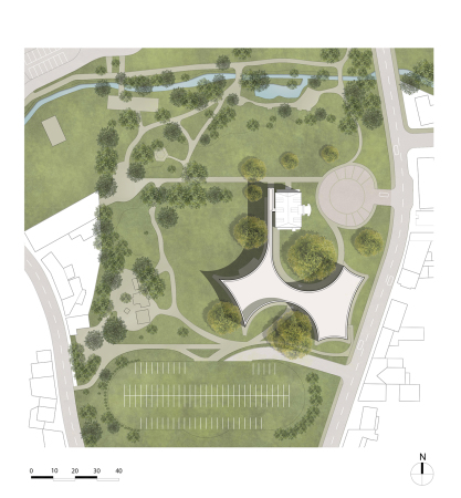 baunetz, architektur, architecture, news, nachricht, meldung, verwaltungsbau, brohaus, kurvenreich, park, atelier du pont, Communaut de Communes, frankreich, nantes, vende, verwaltungssitz, Pays des Herbiers, gemeinde, gemeindeverband, rathaus, altbau, neubau, umgebung, baum, chamleon, arbeitsraum, bro, Takuji Shimmura