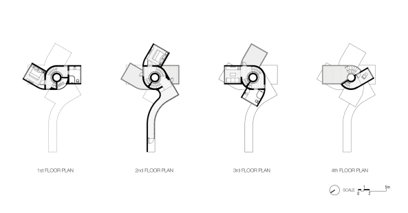 Baunetz, Architektur, Meldungen, Projekt, Bengo Studio, China, Xiuning, Anhui Province, Qiyun Mountain Tree House, Qiyun Mountains, Ferienhaus, Landhaus, Wendeltreppe, Stahlstruktur, Holzfassade, rote Zeder, Zedernwald, schmales Haus