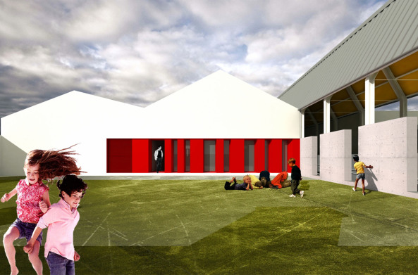 baunetz, architektur, architecture, spanien, andalusien, sdspanien, el saucejo, sevilla, autobahn, ackerland, stadtrand, ffentliche schule, schulbau, schulerweiterung, neubau, los sauces, mauer, schulgelnde, ergnzng, neuorganisation, erweiterungsbau, wettbewerb, 2012, gabriel verd arquitectos, gabriel verd, umstrukturierung schulgelnde, abriss, eingang, neubau, haupeingang, innenhof, vorplatz, pavillon, schulpavillon, klassenzimmer, spitzdach, dachkonstruktion, dachstruktur, merkzeichen, satteldach, kinderzeichnung, farbe, schrge dachstruktur, jess granada