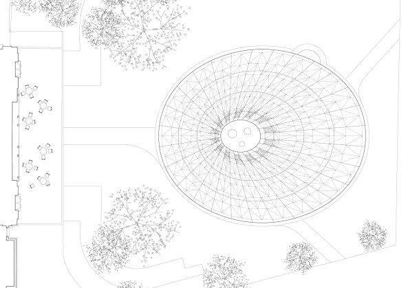 Baunetz, Meldung, Architektur, architecture, Serpentine Pavilion, Pavillon, Francis Kr, Berlin, 2017, roof, Dach, blau, blue, Baum, tree, Afrika, african, Regen, rain, Wasserfall, water fall, Iwan Baan, Jim Stephenson, Thomas Spier, AECOM