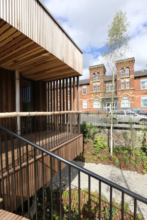 Baunetz, Architektur, architecture, 2017, Oldham, hospital, Krankenhaus, crosslaminated timber, CLT, kreuzweise verleimt, Brettschichtholz, tulipwood, Tulpenbaum, USA, Amerika, Maggie´s, cancer, Krebs, Holz, wood, Great Britain, Großbritannien, England, Royal Oldham Hospital, Charles Jencks, dRMM, Alex de Rijke, Jasmine Sohi, Tony Barwell, Jon Cardwell, Petra Blaisse, Jinny Blom, Rupert Muldoon, Maggie Kendricks Jencks, landscape, piloti, Stützen, Landschaft, Garten, garden, Krankheit, illness, Gesundheit, health