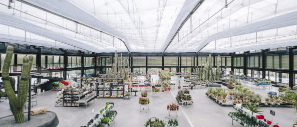 Baunetz, Architektur, Meldungen, Architekturprojekte, Spanien, Madrid, San Sebastin de los Reyes, garciagerman arquitectos, Jacobo Garca-Germn, Imagen Subliminal, Kakteencenter, Desert City, Gewchshaus, Pflanzencenter, Pflanzenausstellung, Halle, billboard building, Leicht-Container, Spannkonstruktion, Oase, Stabwerk, tensegrity
