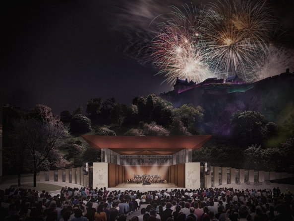 Baunetz, Meldung, Architektur, News, architecture, Ross Pavillon, Wettbewerb, Landschaftsgestaltung, Park, Freilichtbhne, Schottland, grn, Edinburgh, wHY, BIG, William Matthews Associates mit Sou Fujimoto Architects, djaye Associates, Reiulf Ramstad Arkitekter mit Forbes Massie Studio, Page \ Park Architects, Hogmanay, Siegerentwurf, winner