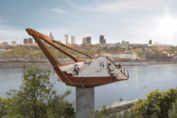 Baunetz, Meldung, Architektur, architecture, 2017, Poland, Polen, Warschau, Brcke, Schler-Plan, DKFS architects, Dsseldorf, London, Wettbewerb, competition, Fugngerbrcke, Radfahrerbrcke, Brcke, bridge, Weichsel, Corten-Stahl, Karowa-Brcke, Karowa, Praga, Zgelgurt, Konstruktion