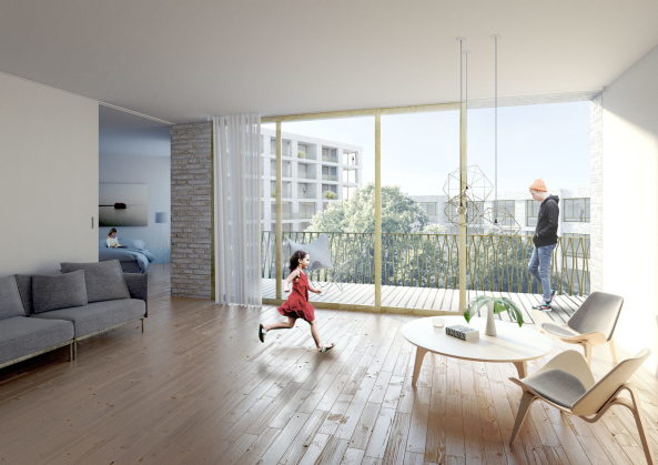 1. Preis Perspektive Fluss. Mischgebiete MI 1 und MI 2 am Nordhafenufer, in der Mitte der Nordhafenplatz