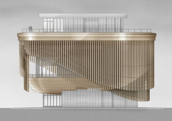 Baunetz, Architektur, Meldungen, Projekte, China, Shanghai, Bund, New Bund Finance Centre, Foster + Partners, Heatherwick Studio, Kulturzentrum, rotierende Fassade, mixed use, Multifunktionsgeb�ude, flexible Fassade, bewegliche Fassade, Fosun Foundation, Ausstellungshalle, chinesisches Theater, beweglicher Vorhang, Vorhangfassade, Magnesiumlegierung, Bronzerohre, Laurian Ghinitoiu