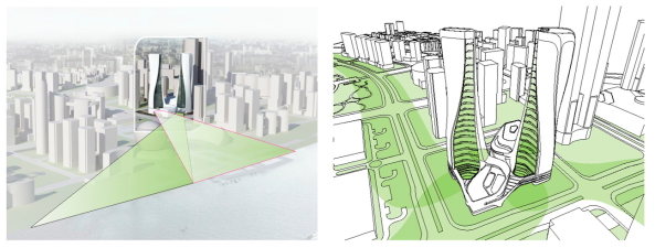 Baunetz, Architektur, Meldungen, Projekte, China, Hangzhou, Raffles City, UNStudio, CapitaLand, urban hub, Gemischtnutzung, Wohn- und Geschftshaus, Qianjiang New Town, Hochhaus, stromlinienfrmige Trme, landmark, green city, wave, motion, Aluminiumfassade, Atrium, kurvenfrmig, Welle Hufton + Crow, Seth Powers, Jin Xing