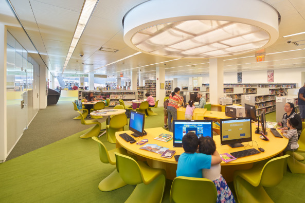 Glasfaserbeton, Bibltiothek, Glas, Knick, Grnes Dach, Queens, library, New York, WORKac, Bruce Damonte