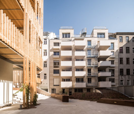 Wohnungstypen, Hofgarten, Bestandsgebude, Wohnen, Freiraum, Hof, Fassade