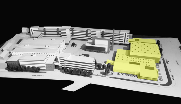Modell vom Bestand mit Abrissareal (gelb)
