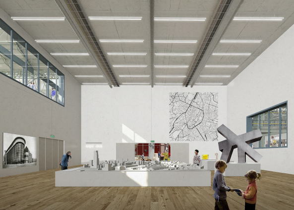 Die Ausstellungshalle von CIVA. Die ffnungen bieten Blicke ins Gebude und betonen die bestehende Struktur.