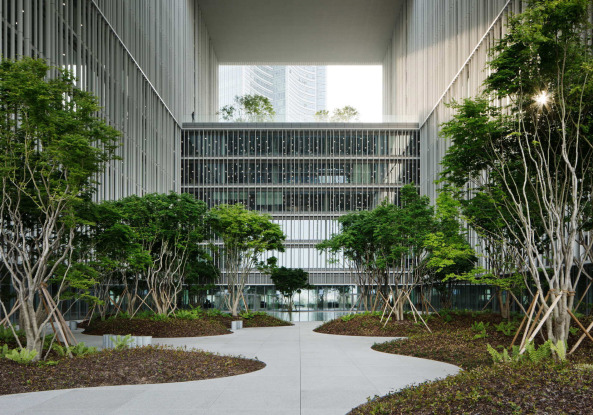 Einen angrenzenden Park fhren David Chipperfield Architects mit einem reich bepflanzten Innenhof im AmorePacific-Headquarter fort.