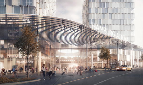 So soll ab 2024 der Zugang zur neuen Bahnhofshalle Hamburg Altona aussehen: Gewinnerentwurf von C.F. Mller Architects.