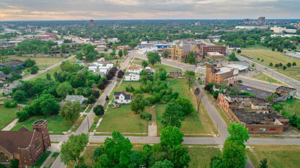 Das neue Quartier zwischen st�dtischen Fragmenten Detroits hat beinahe Inselcharakter.
