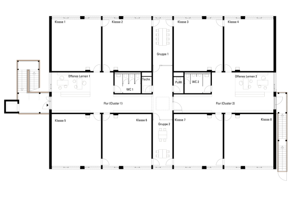 Obergeschoss unmbiliert. Zwei auenliegende Treppen, eine interne Verknpfung von je vier Klassenrumen zu einem Lerncluster und die Mglichkeit ber Bypasstren in den anderen Bereich zu flchten bilden das Flucht- und Rettungswegekonzept, das den Flur zur Aufenthalts- und Lernflche macht.