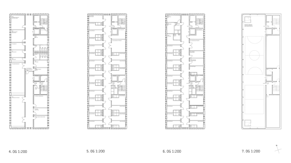 2. Preis: rw+ (Berlin) und Martin Schmitt Architektur (Berlin), Grundrisse 4. bis 7. Geschoss Neubau/JVA