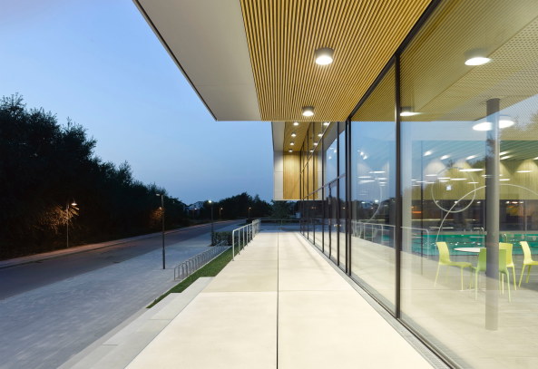 Eine Freitreppe aus Stahlbeton fhrt von der Strasse ins Gebude.