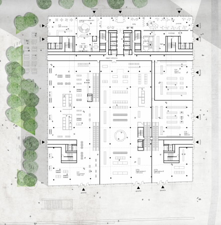 ein 2. Preis: Sauerbruch Hutton Architekten (Berlin), Entwurfsvariante vor der berarbeitung, Grundriss EG