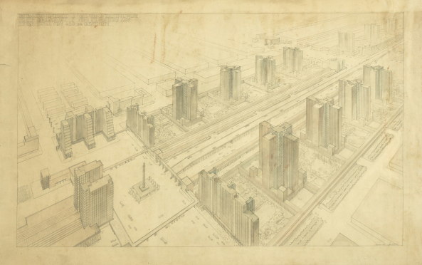 Hans Junghanns, Stadtentwurf, Perspektive, um 1930; Baukunstarchiv NRW