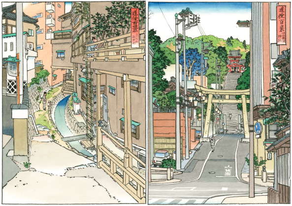 Fr ein Kunstfestival entwickelte der Knstler Yamaguchi Akira zehn Zeichnungen des Stadtteils Dogo, in denen er die heutige Stadt in alten Malstilen prsentiert: Samurai tauchen ebenso auf wie Abwasserrohre und Klimaanlagen.