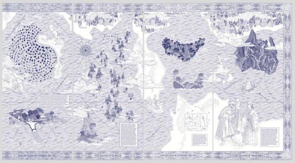 ... Jede der Inseln bekommt eine bestimmte Funktion, der Stil der Zeichnungen erinnert dabei an historische chinesische Zeichnungen.