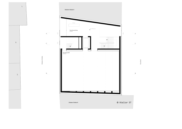 Grundriss EG: Ein wichtiges Kriterium war die Zug�nglichkeit durch das Geb�ude zum Hof, m�glichst auch au�erhalb der �ffnungszeiten.