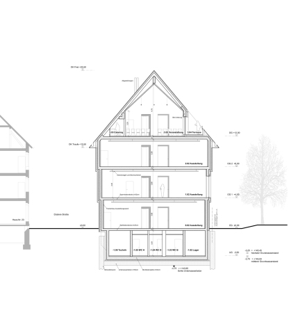 Schnitt durch das Geb�ude. Im Dach ist der Veranstaltungsraum mit Aussichtsterrasse zum Hof untergebracht.