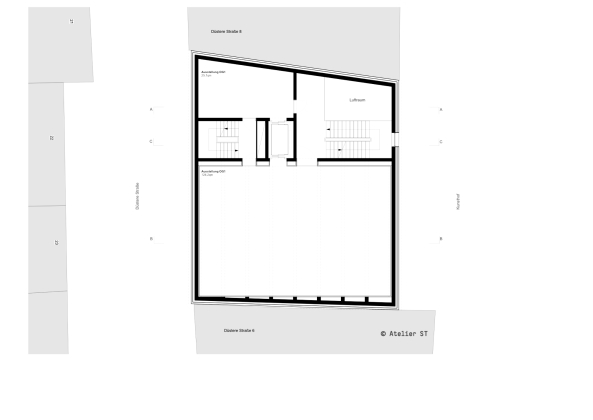 Erstes Obergeschoss: Jedes Geschoss wird nach oben hin ein wenig breiter. So entsteht ein Maximum an Ausstellungsfl�che.