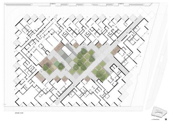 Grundriss Erdgeschoss mit Bepflanzung im Hof