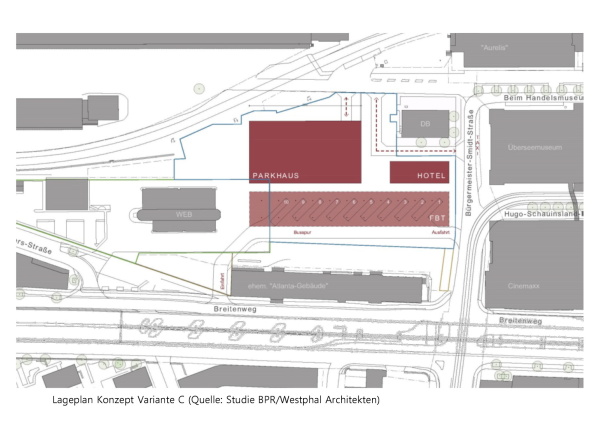 Lageplan des neuen Fernbusterminals als Ergebnis einer dem Wettbewerb vorgeschalteten Vorstudie