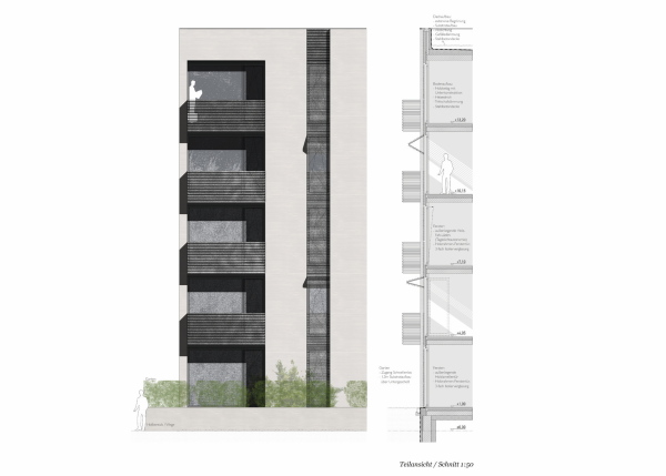 1. Preis: W+V Architekten, Leipzig, Teilansicht und Schnitt