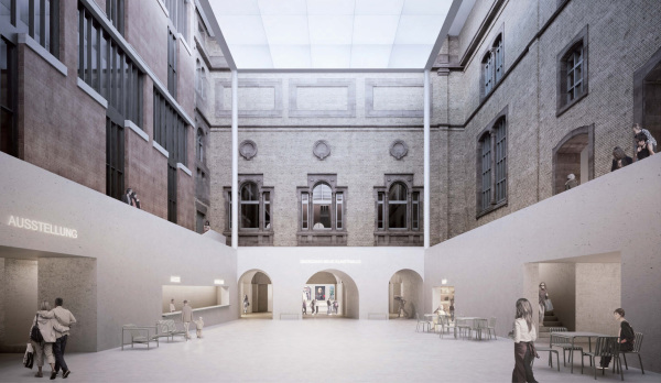 Der Innenhof der Kunsthalle soll berdacht werden und sein Bodenniveau um eine Etage abgesenkt werden, um einen bergang zum Erweitungsbau zu ermglichen.