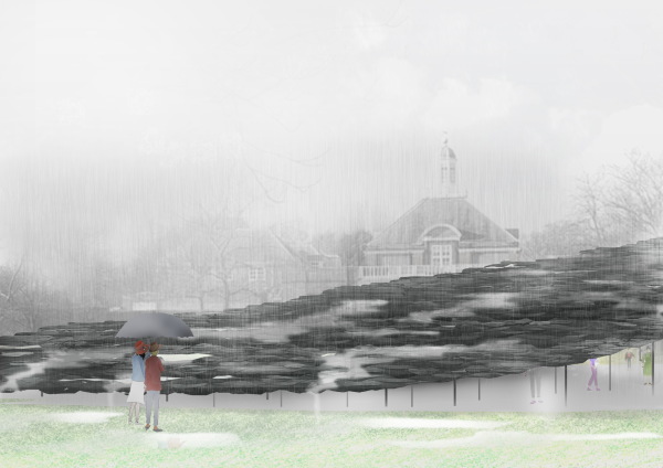 Ein Dach aus Schieferplatten soll aus dem Boden herauswachsen: Auenansicht des Serpentine Pavillons 2019 von Junya Ishigami.