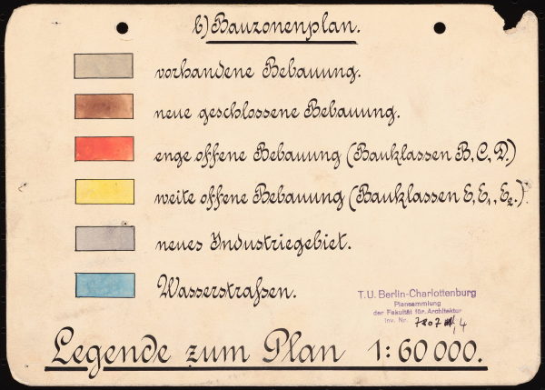 Brix + Genzmer: Wettbewerb Gro-Berlin 1910, Legende zum Bauzonenplan, 1. Preis, Tusche aquarelliert auf Karton