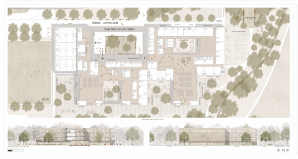 ein 3. Preis: Ackermann + Raff mit Planstatt Landschaftsarchitektur Johann Senner, Grundriss EG und zwei Ansichten/Querschnitt