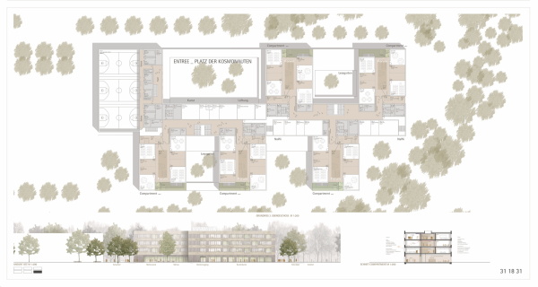 ein 3. Preis: Ackermann + Raff mit Planstatt Landschaftsarchitektur Johann Senner, Grundriss 3. OG, Ansicht Ost und Schnitt Compartment