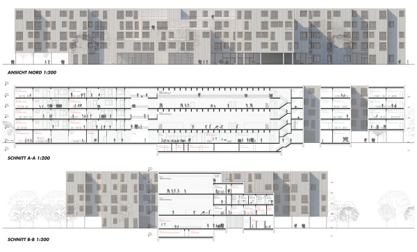1. Preis: PPAG architects mit EGKK Landschaftsarchitektur, Ansicht und Schnitte