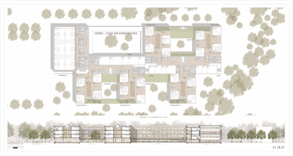 ein 3. Preis: Ackermann + Raff mit Planstatt Landschaftsarchitektur Johann Senner, Grundrisse 1. und 2. OG und Lngsschnitt