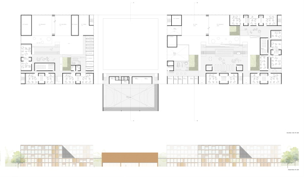 ein 3. Preis: (se)arch architekten und Kubus 360 mit Sima | Beer, Grundriss 1. OG und Ansicht Nord