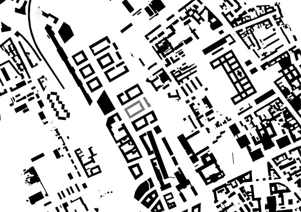 Schwarzplan des Gebietes um die Berliner Europacity mit Markierung des Blocks mit Baufeld 10 im Stadthafenquartier Sd