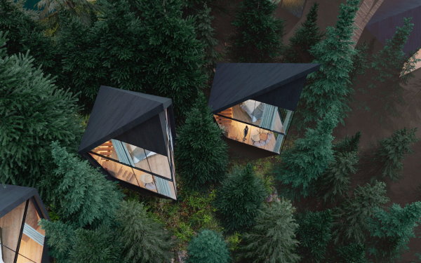 Die nach unten spitz zulaufenden Bauten nutzen nur minimalen Baugrund im Waldstck