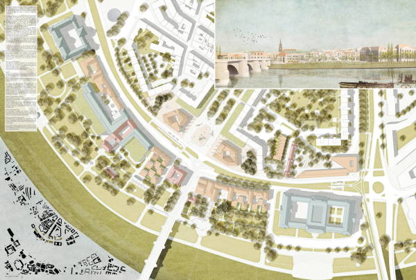 3. Preis: kister scheithauer gross architekten und stadtplaner, Schwarzplan; Lageplan; Perspektive Augustusbrcke