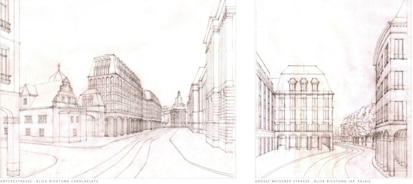 2. Preis: ARGE JordiKauzKellerKrausePellnitz, Kpckestrae, Blick Richtung Carolaplatz; Groe Meissnerstrae, Blick Richtung Japanisches Palais