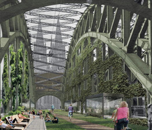 Fahrradwege und Parkbänke anstelle von Zügen – so könnte es auf der Hohenzollernbrücke nach Vorstellungen von Paul Böhm in Zukunft aussehen.