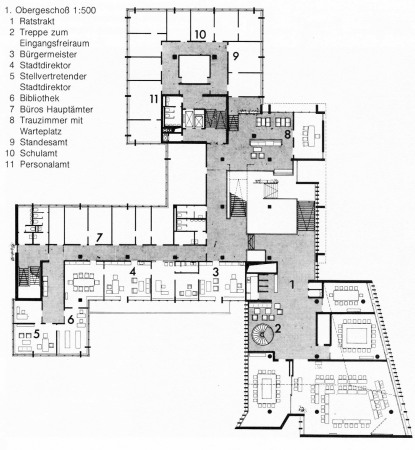 Grundriss 1. Obergeschoss, aus: H. und A. Deilmann: Gebude fr die ffentliche Verwaltung, 1979, S. 72-75  Verlagsanstalt Alexander Koch