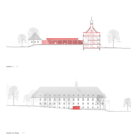 1. Preis: Neumann + Heinsdorff Architekten (Mnchen), Ansicht und Schnitt von Osten
