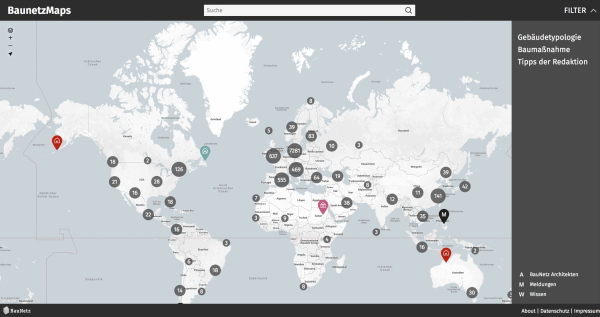 BauNetz Maps zeigt im BauNetz verffentlichte Projekte weltweit und vor Ort.