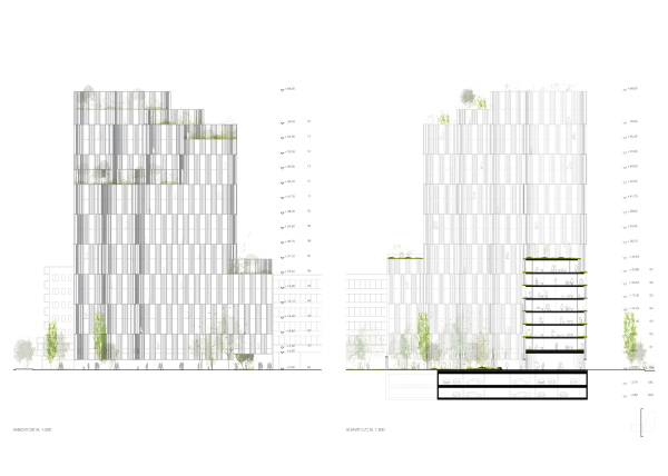 Ein 2. Preis: Nieto Sobejano, Berlin/Madrid, Ansicht Ost und Schnitt