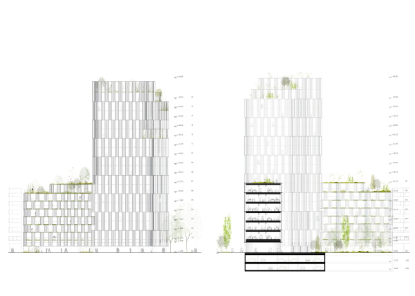 Ein 2. Preis: Nieto Sobejano, Berlin/Madrid, Ansicht Sd und Schnitt